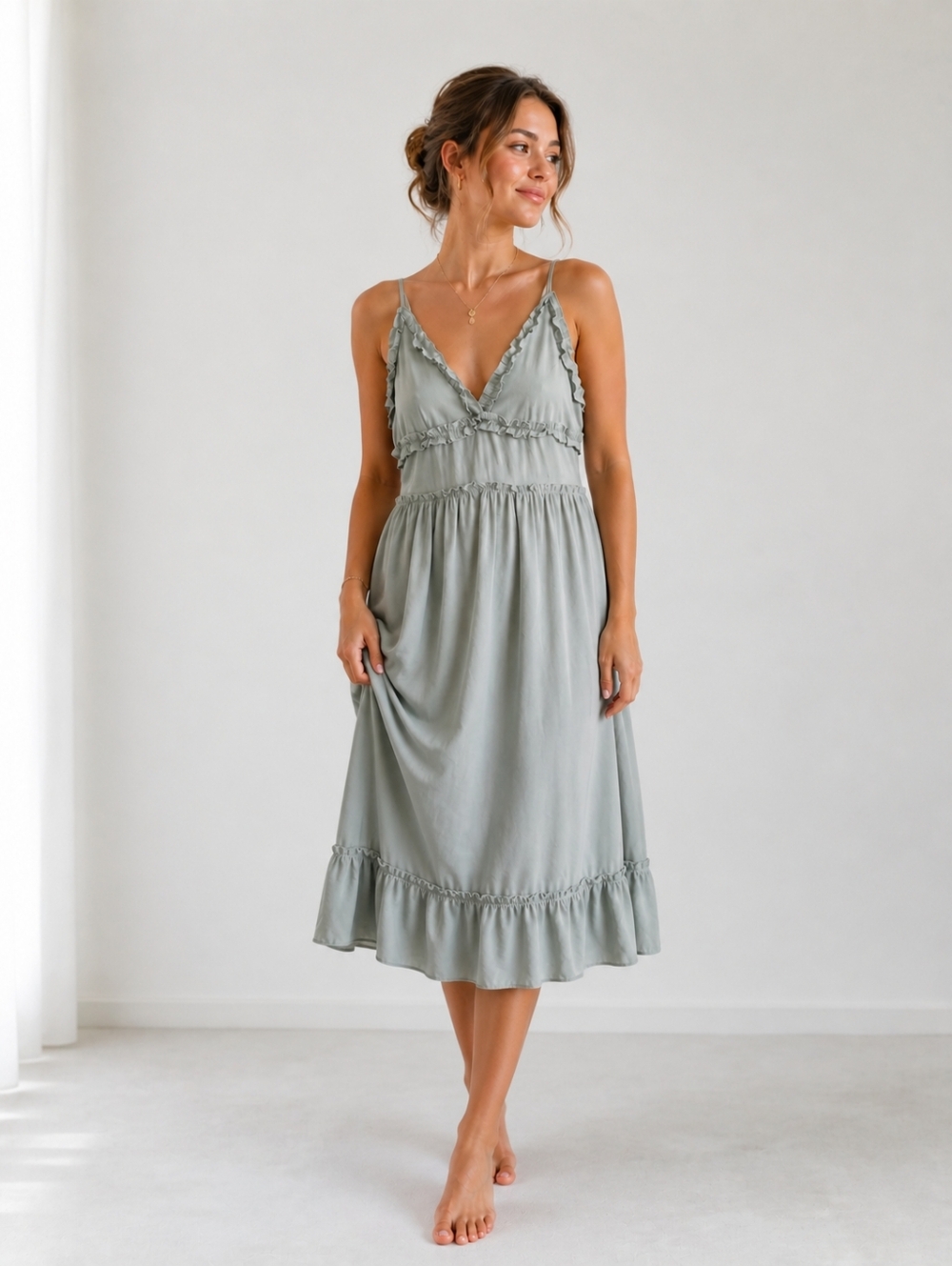 Women's Summer Dress Ruffles Minimalist Spring Olive Green